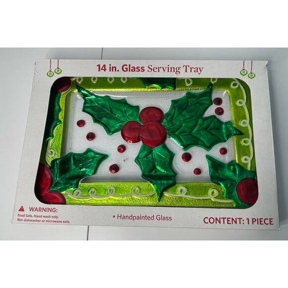 NEW Hand-Painted Glass Serving Tray Platter 14x9 Christmas Holly Leaves - Picture 2 of 8